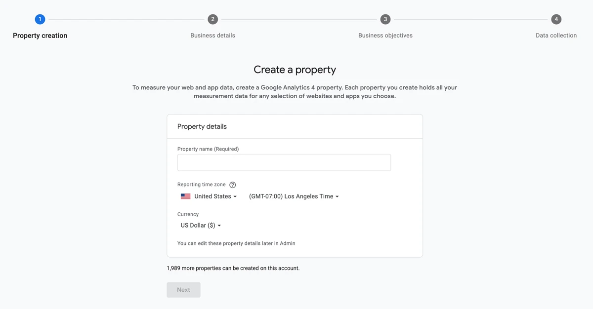 Google Analytics - Create Property