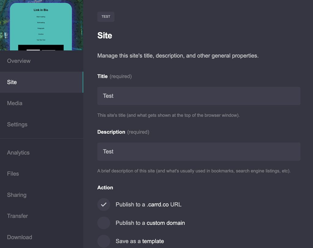 Carrd Site Settings